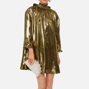 Rhode Priya Dress Gold Metallic Silk Trapeze Back Bow Tie Womens XS